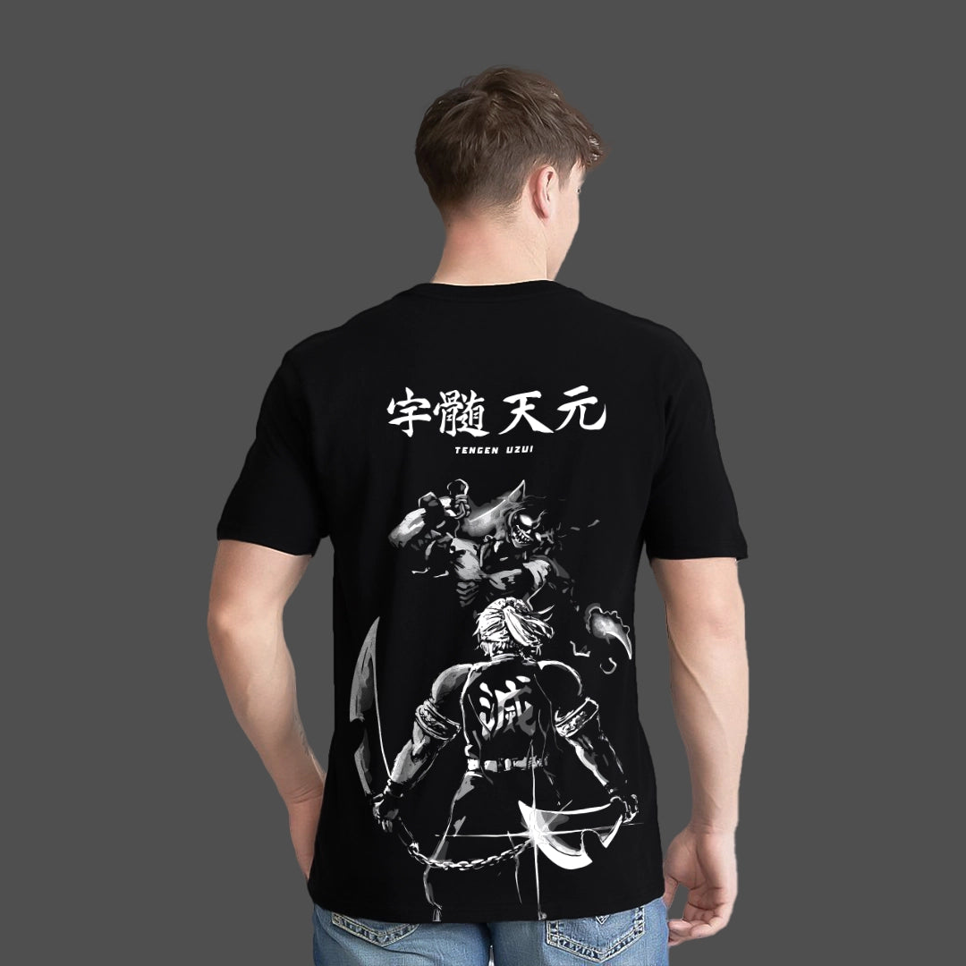 Back view of man wearing Vlack regular fit Tengen Uzui black t shirt with white anime print and Japanese characters