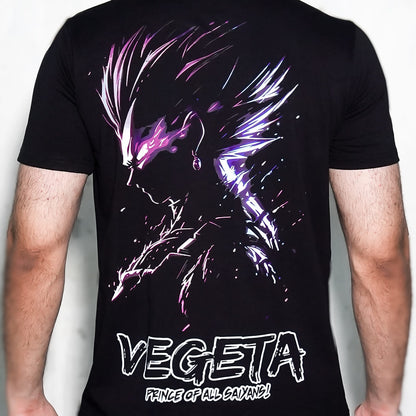 Vegeta black t-shirt for men. Vlack regular fit black tee showing purple energy Vegeta profile and bold VEGETA text on back
