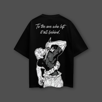 Jujutsu Kaisen Toji black oversized t-shirt Vlack back print with monochrome Toji holding blade and white script text