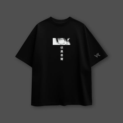 Jujutsu Kaisen Toji black oversized t-shirt. Black Vlack oversized tee with monochrome Toji face panel and vertical kanji on chest