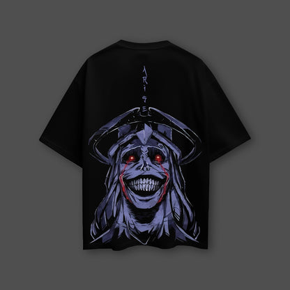 Solo Leveling black oversized t-shirt Vlack black tee with large back graphic of grinning demonic face and red eyes