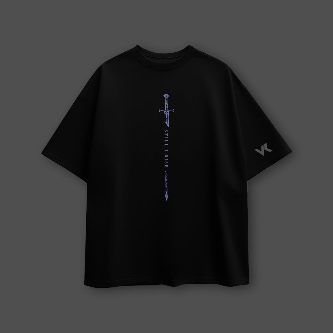 Solo Leveling black oversized t-shirt with vertical blue sword graphic and Vlack VL sleeve logo