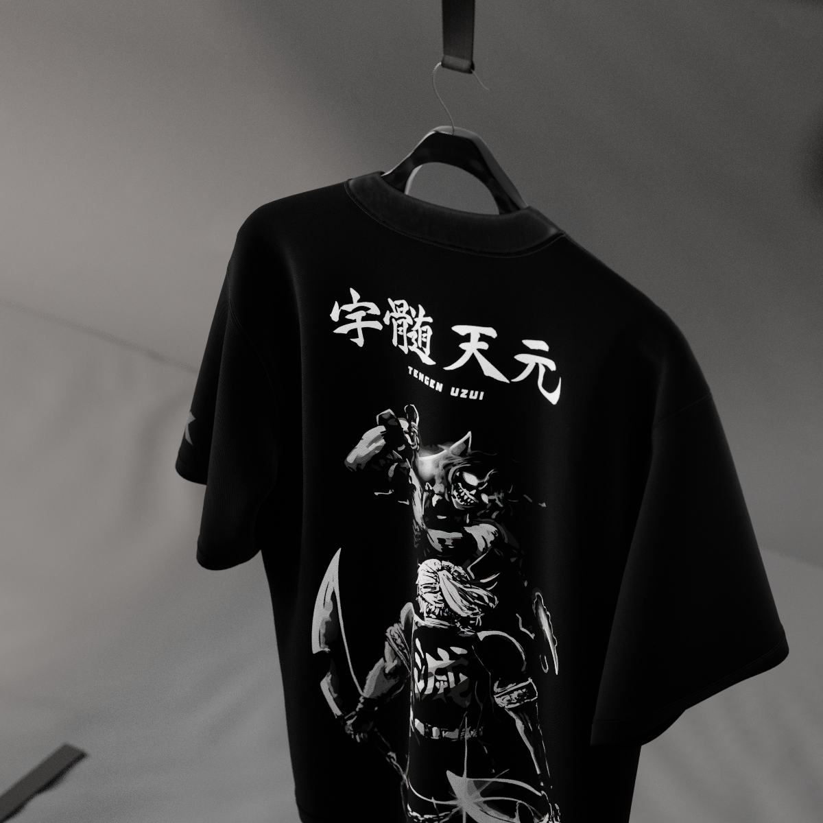 Tengen Uzui black oversized t-shirt from Vlack featuring anime Tengen Uzui graphic and kanji back print