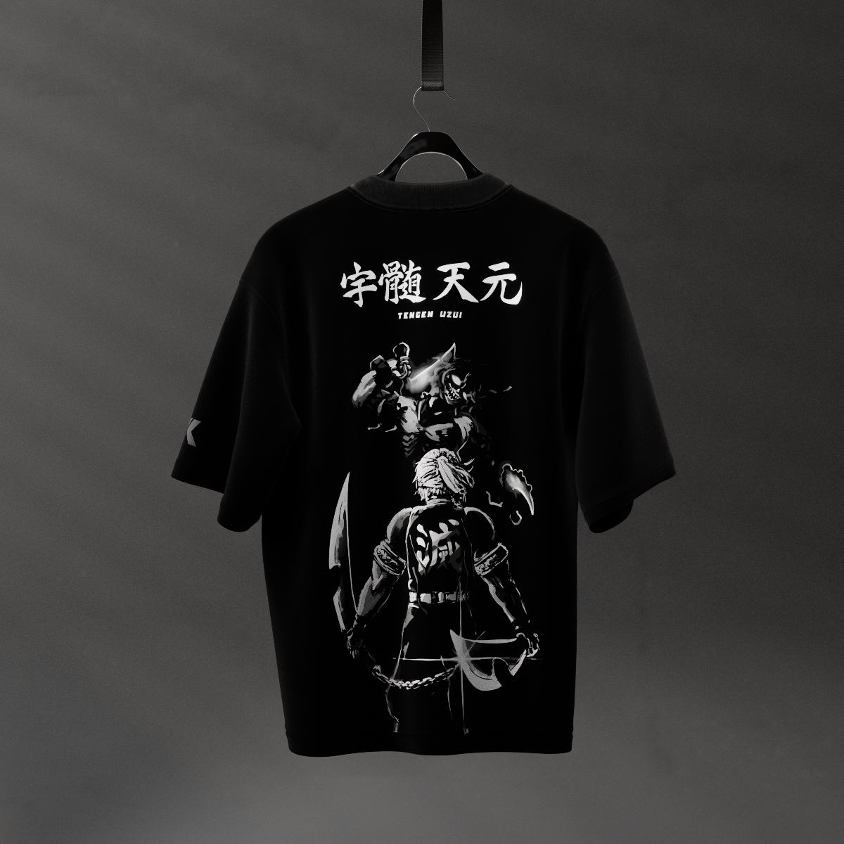 Tengen Uzui black oversized t-shirt back view with white anime graphic and Japanese text on Vlack black tee