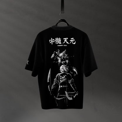 Tengen Uzui black oversized t-shirt back view with white anime graphic and Japanese text on Vlack black tee