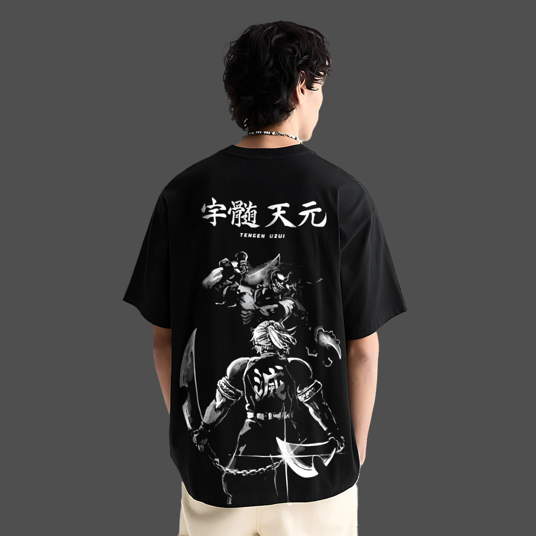 Back view of model wearing Vlack black oversized Tengen Uzui black oversized t-shirt featuring monochrome anime warrior back print