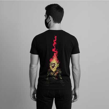 Back view of model wearing Vlack black graphic streetwear t-shirt with tall flaming skull print regular fit