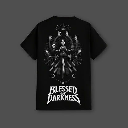 Vlack regular fit black graphic streetwear t-shirt with white occult goddess back print and Blessed By Darkness text