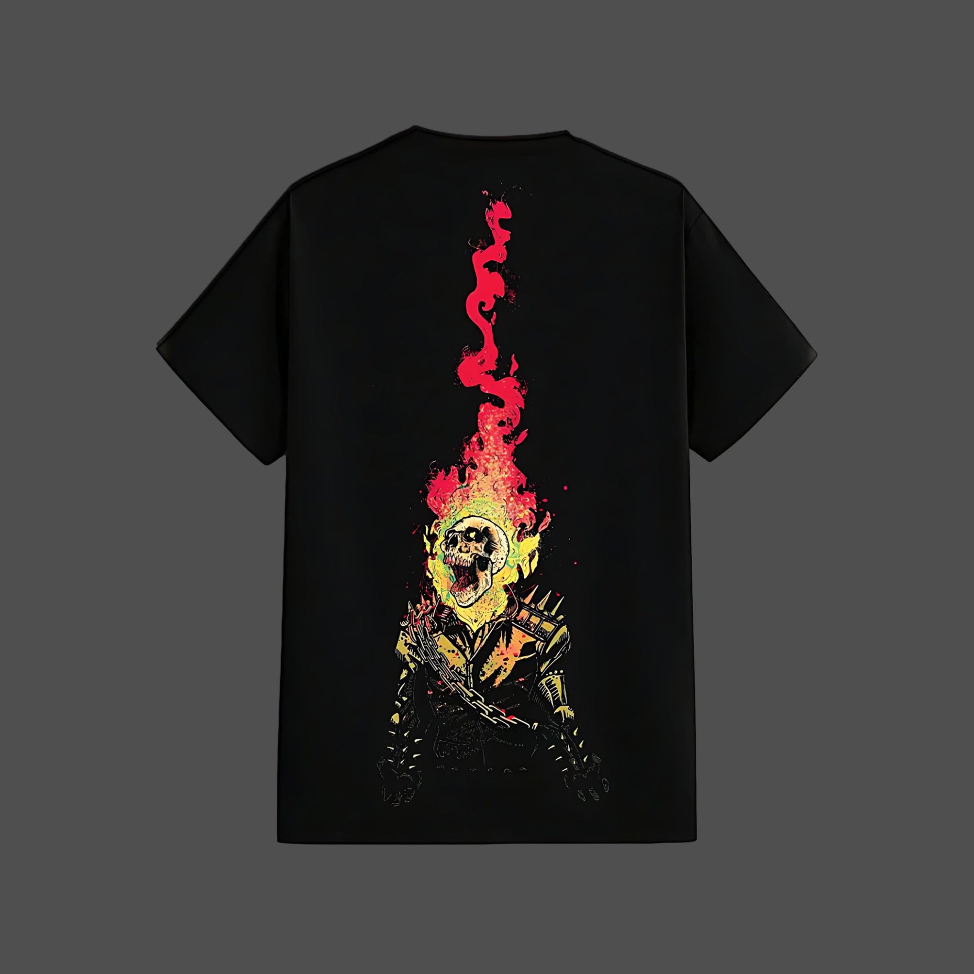 black graphic streetwear t-shirt with large back flaming skull print in red and yellow on Vlack regular fit