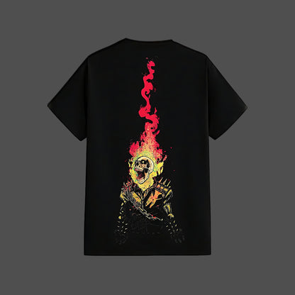 black graphic streetwear t-shirt with large back flaming skull print in red and yellow on Vlack regular fit