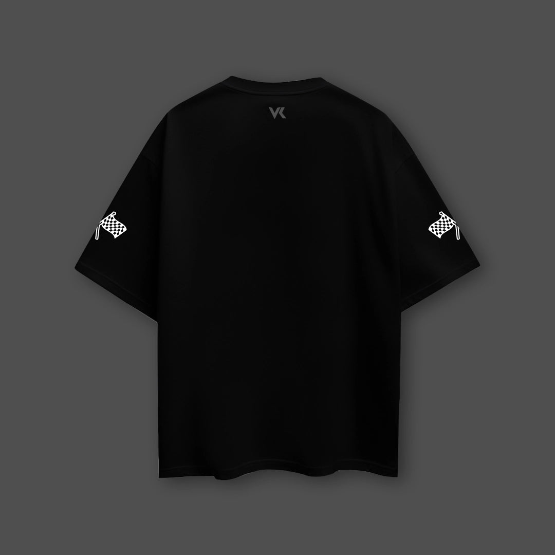 Vlack Oversize Black Hot Wheels T-Shirt with Checkered Flag Designs on Sleeves