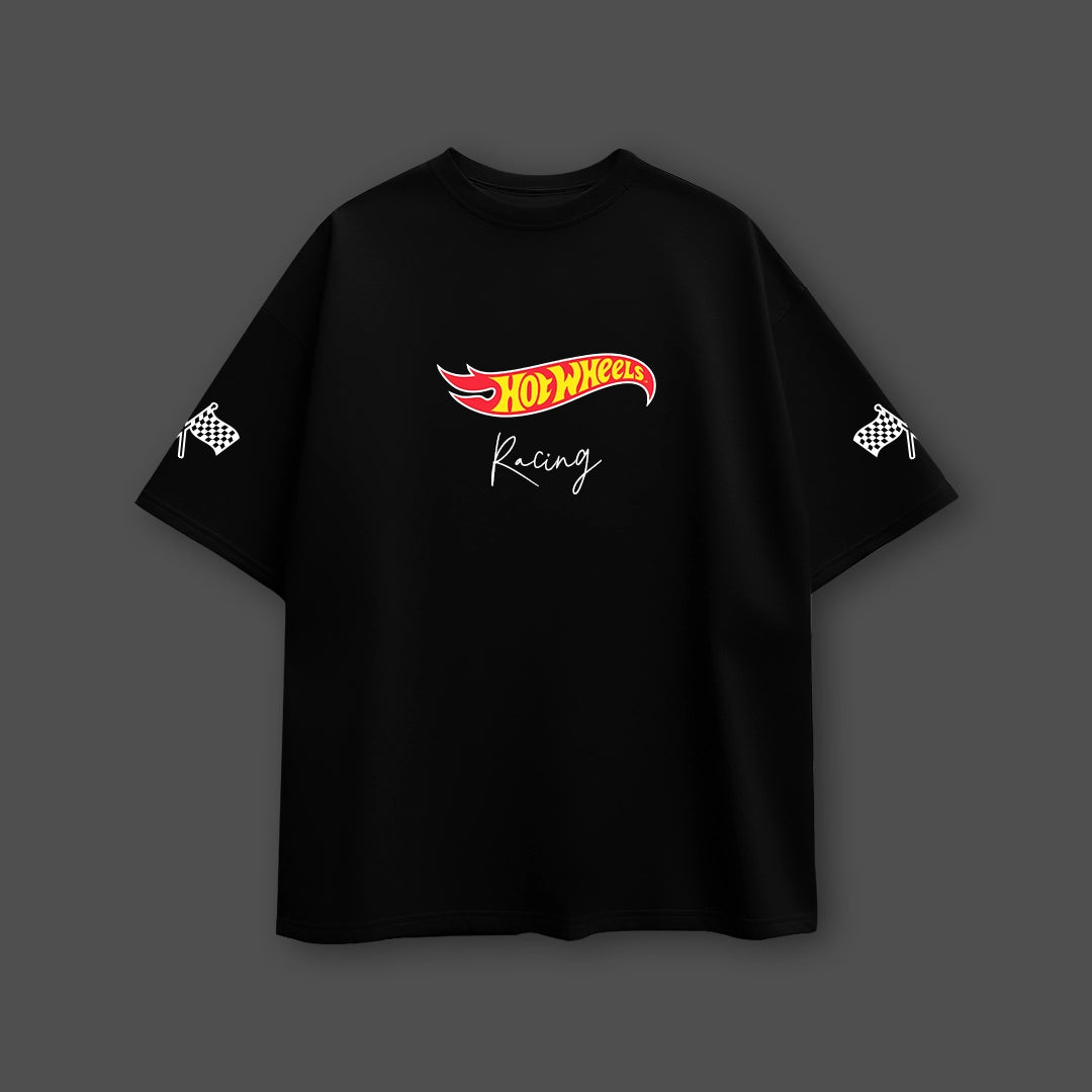 Oversize black Hot Wheels t-shirt featuring logo and checkered flags on sleeves