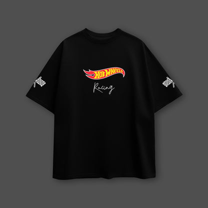 Oversize black Hot Wheels t-shirt featuring logo and checkered flags on sleeves