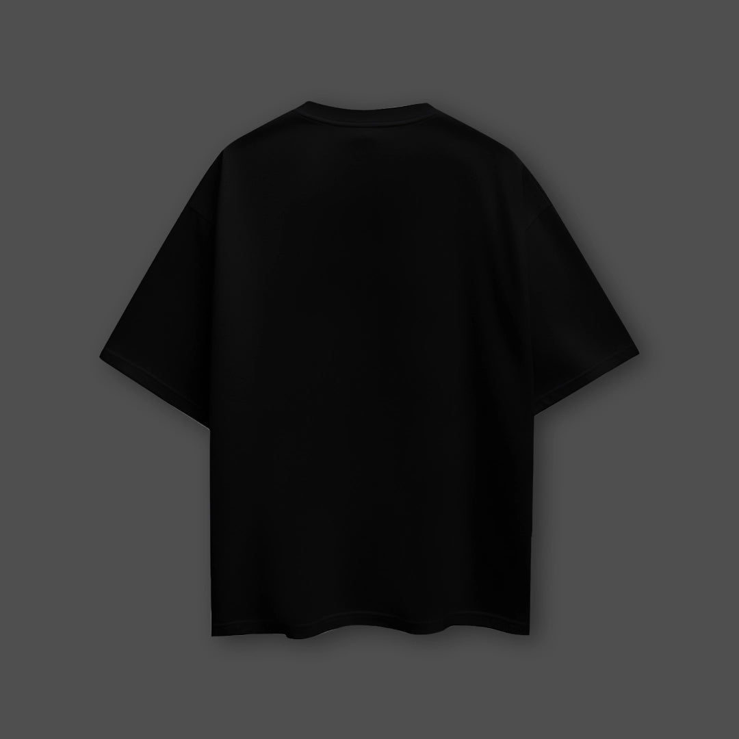 Back view of black oversized 420 t-shirt made from soft, breathable fabric for comfort