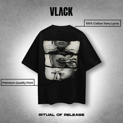 Vlack black oversized streetwear t-shirt with large monochrome stacked face print on back
