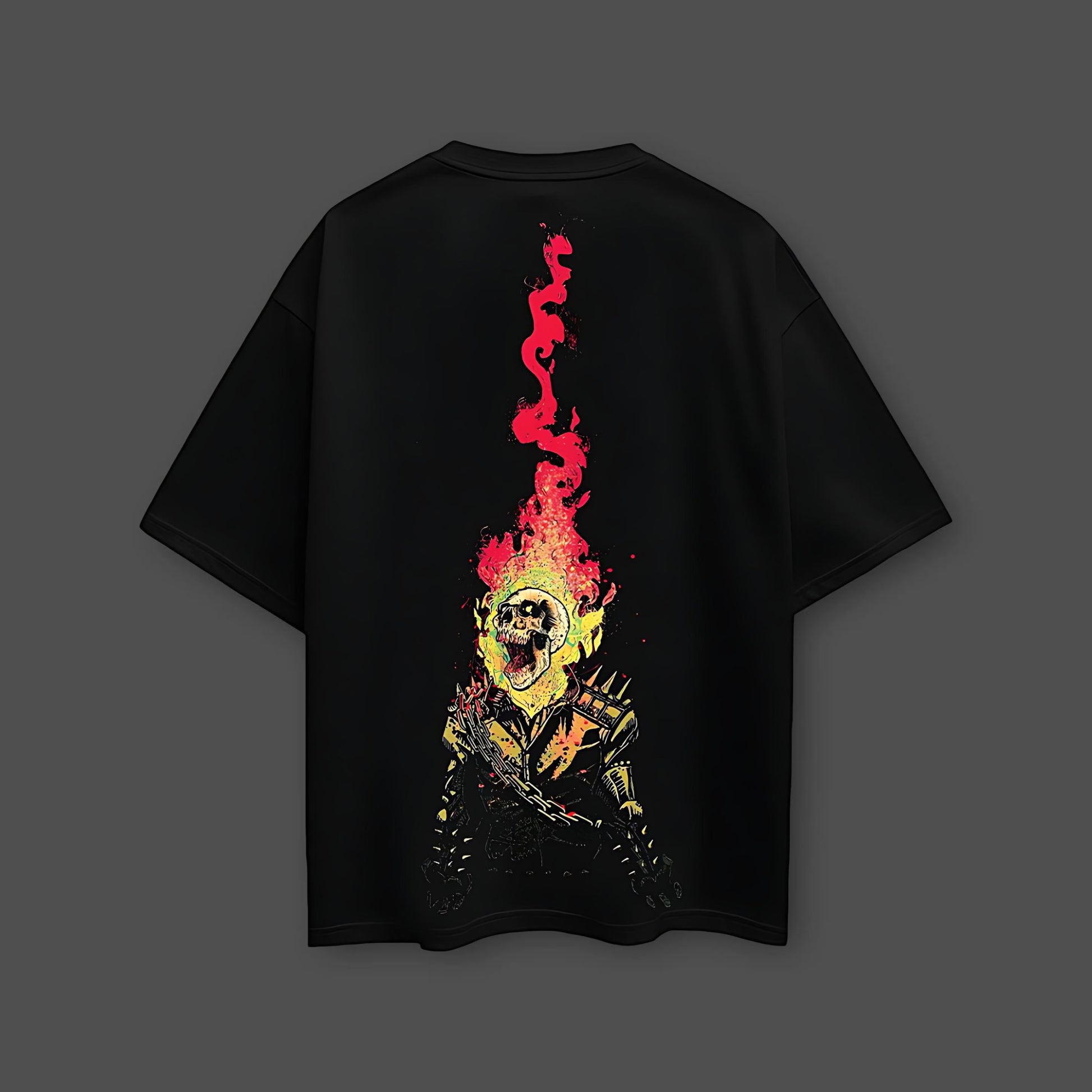 Vlack black oversized streetwear t-shirt with large flaming skull back graphic in red and yellow