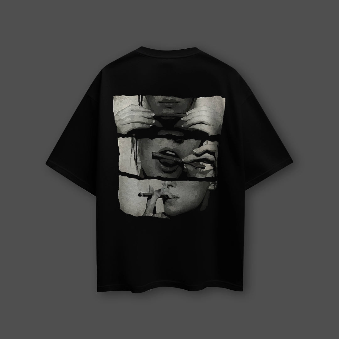 Vlack black oversized streetwear t-shirt with monochrome three panel graphic of hands and smoking mouth on back