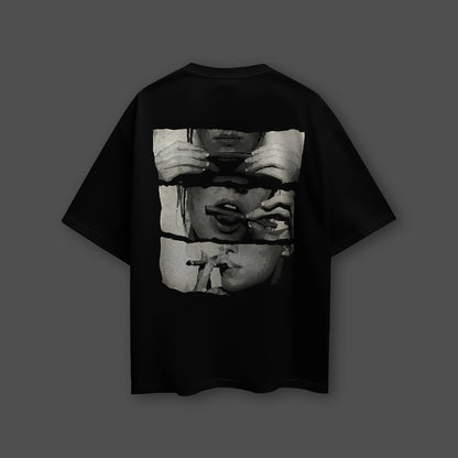 Vlack black oversized streetwear t-shirt with monochrome three panel graphic of hands and smoking mouth on back