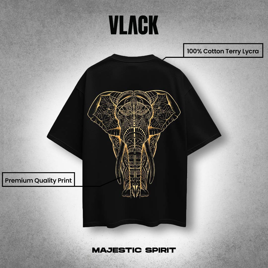 Vlack black oversized streetwear t-shirt with gold ornate elephant back print premium cotton terry lycra