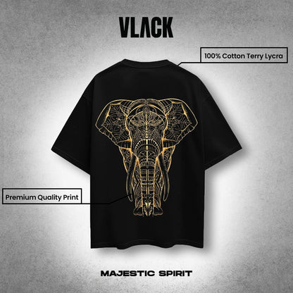 Vlack black oversized streetwear t-shirt with gold ornate elephant back print premium cotton terry lycra