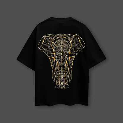 Vlack black oversized streetwear t-shirt with gold ornate elephant back print and relaxed fit