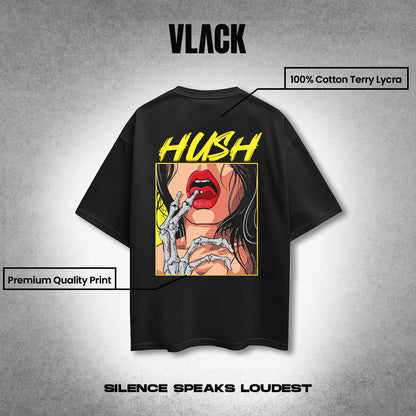 Vlack black oversized streetwear t-shirt back featuring HUSH pop art lips and skeleton hand graphic with quality print labels