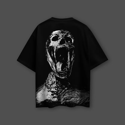 Vlack black oversized streetwear t-shirt featuring a vivid graphic of a screaming figure on the back