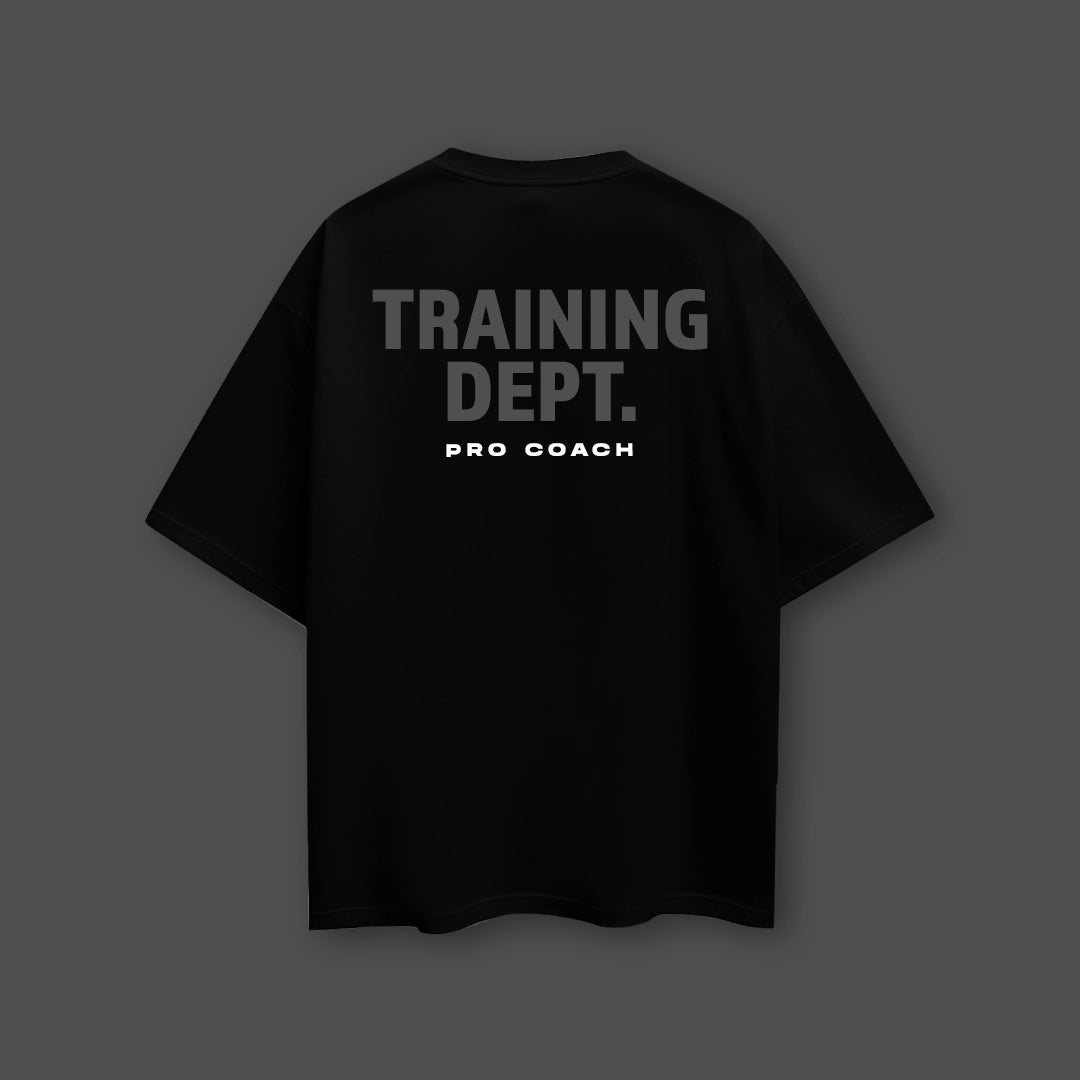 Vlack black oversized streetwear t-shirt with Training Dept and Pro Coach graphic on the back