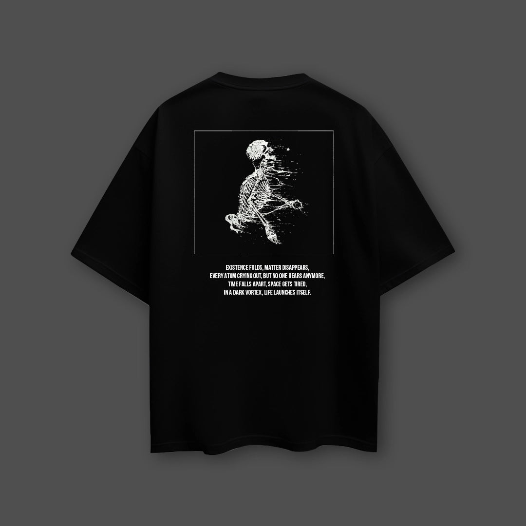 Black oversized t-shirt for men featuring a unique skeleton design on the back