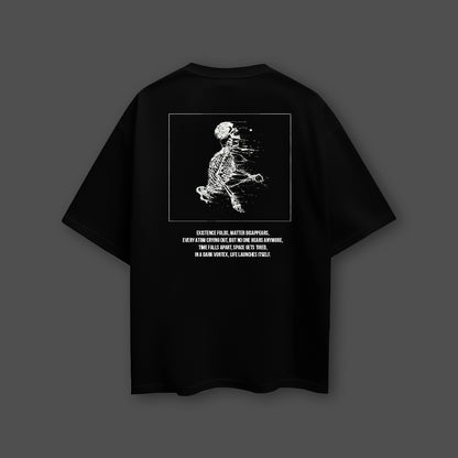 Black oversized t-shirt for men featuring a unique skeleton design on the back