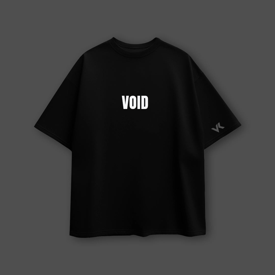 Vlack black oversized t-shirt for men featuring a bold VOID graphic on the front