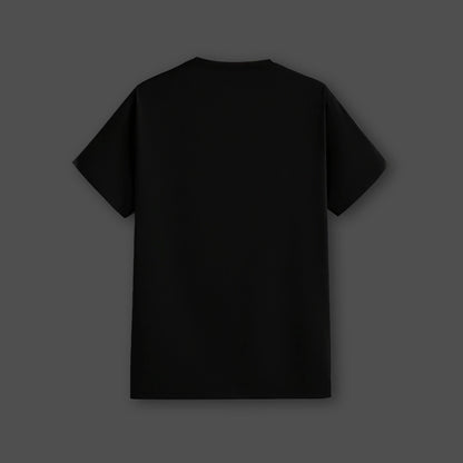 Back view of Vlack regular fit black signature t-shirt with white puff print showing plain back and crew neck