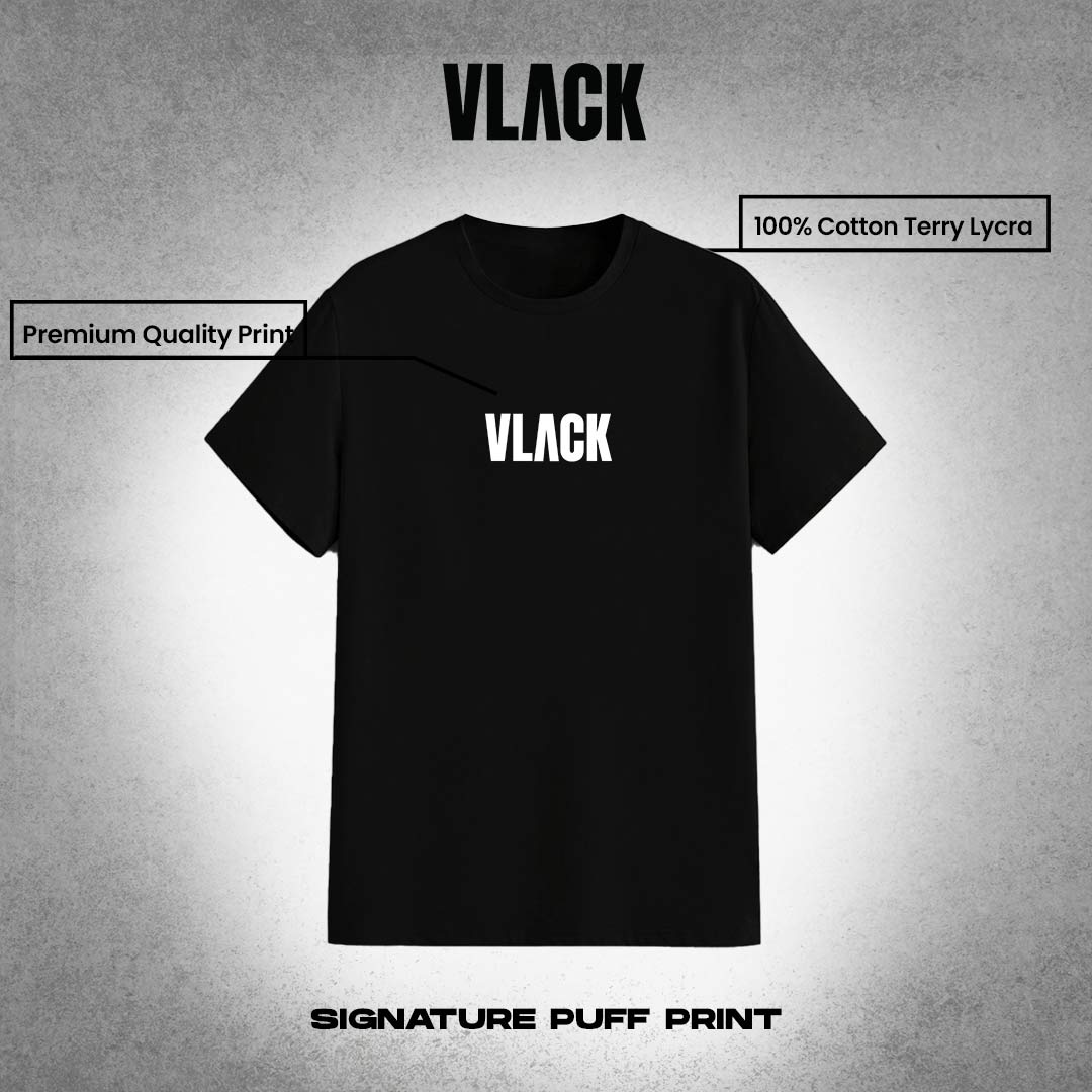 Vlack regular fit black signature t-shirt with white puff print. Front chest logo on cotton terry lycra tee