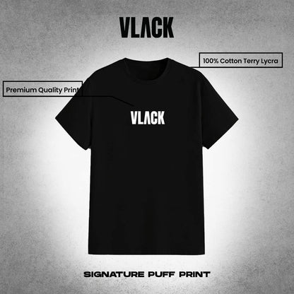Vlack regular fit black signature t-shirt with white puff print. Front chest logo on cotton terry lycra tee