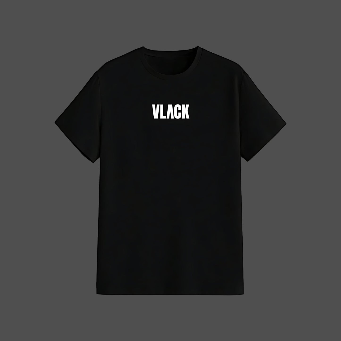 Vlack Black regular fit showcasing black signature t-shirt with white puff print and centered Vlack logo
