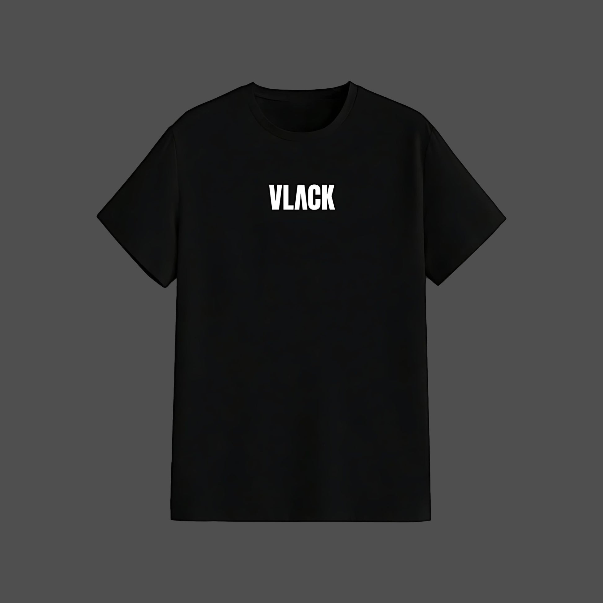 Vlack Black regular fit showcasing black signature t-shirt with white puff print and centered Vlack logo