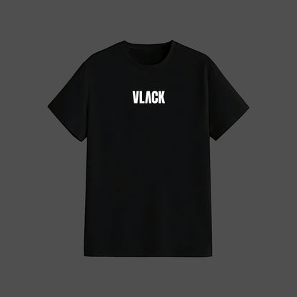 Vlack Black regular fit showcasing black signature t-shirt with white puff print and centered Vlack logo