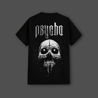 Vlack regular fit black skull graphic t-shirt featuring white psycho skull print with inverted cross and dripping teeth