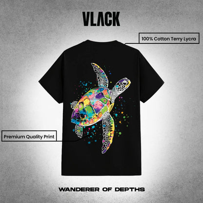 Vlack regular fit black streetwear t-shirt with colorful watercolor sea turtle print and branding