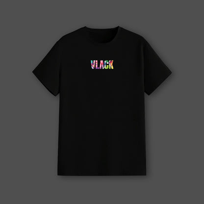 Vlack black streetwear t-shirt regular fit short sleeve crew neck with small multicolor logo