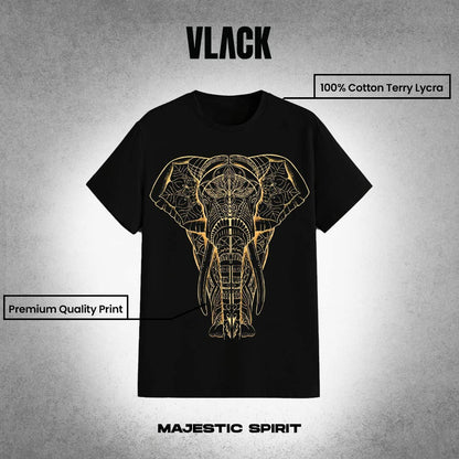Vlack regular fit black streetwear t-shirt with gold geometric elephant print and premium cotton terry lycra fabric