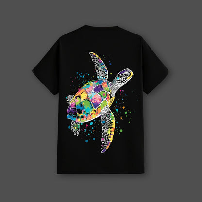 Vlack black streetwear t-shirt regular fit with colorful watercolor sea turtle graphic on back