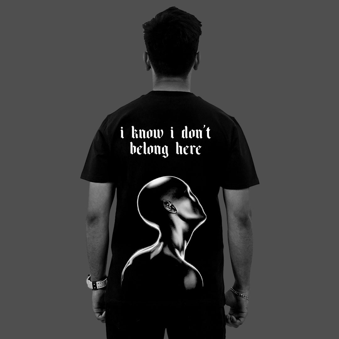 Vlack Regular Fit black streetwear t-shirt back view with white text i know i dont belong here and glossy head artwork