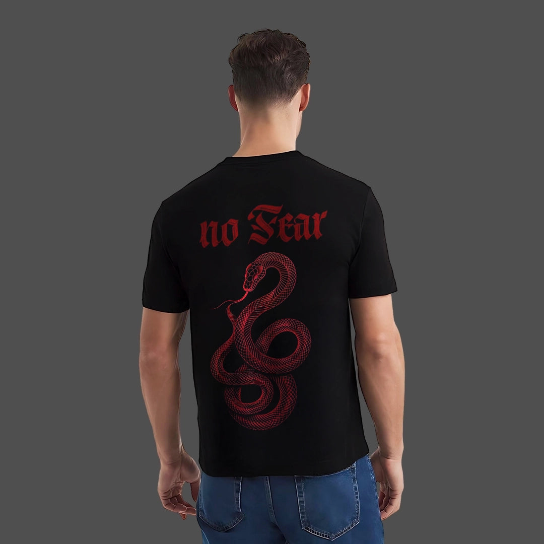 Black streetwear t shirt with no Fear graphic and snake design on the back