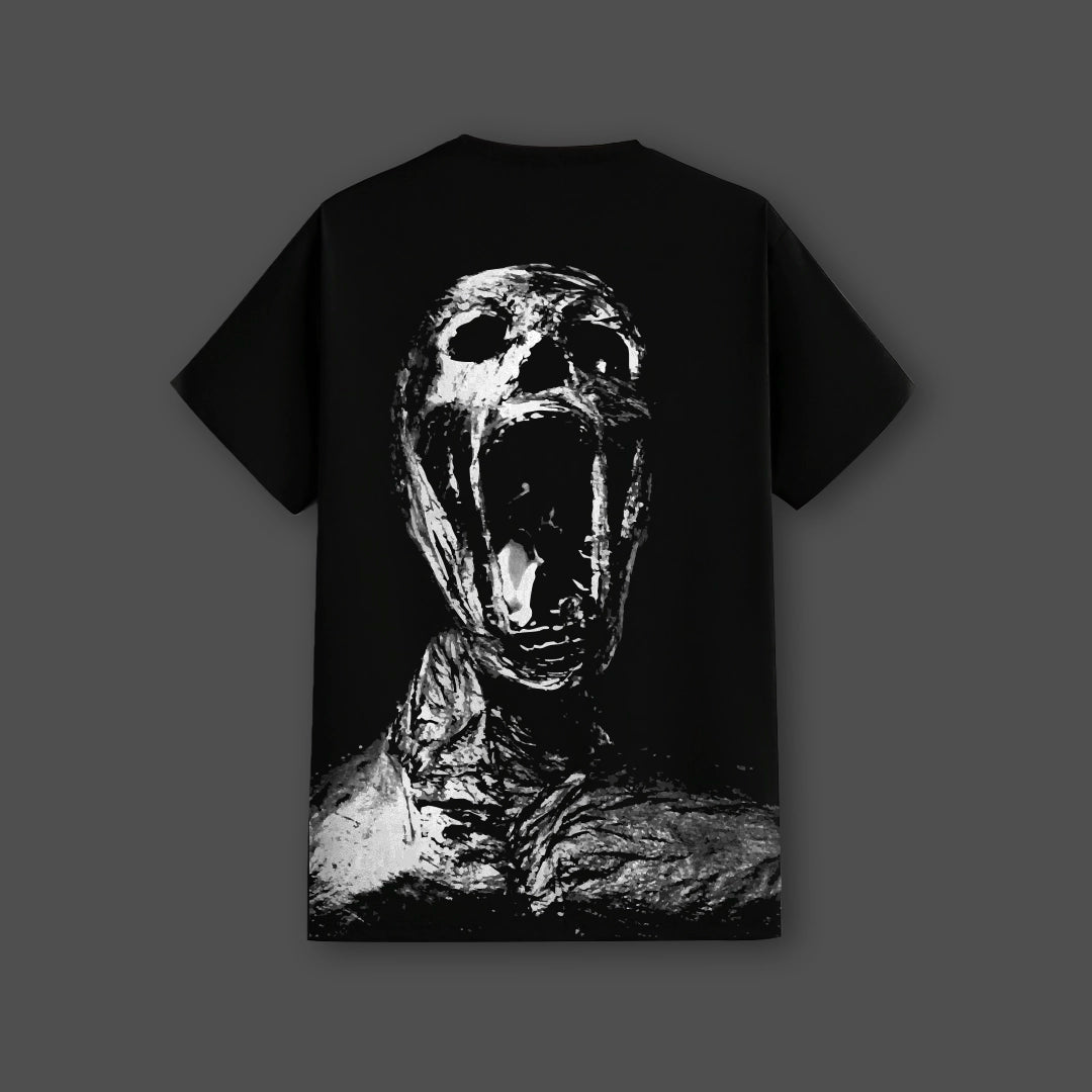 Vlack black streetwear t-shirt featuring a striking artistic graphic design of a screaming figure