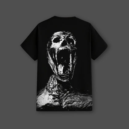 Vlack black streetwear t-shirt featuring a striking artistic graphic design of a screaming figure
