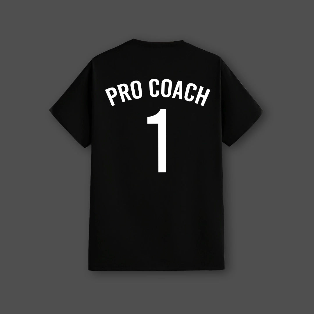 Vlack black streetwear t-shirt featuring PRO COACH 1 design on the back