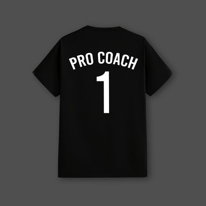 Vlack black streetwear t-shirt featuring PRO COACH 1 design on the back