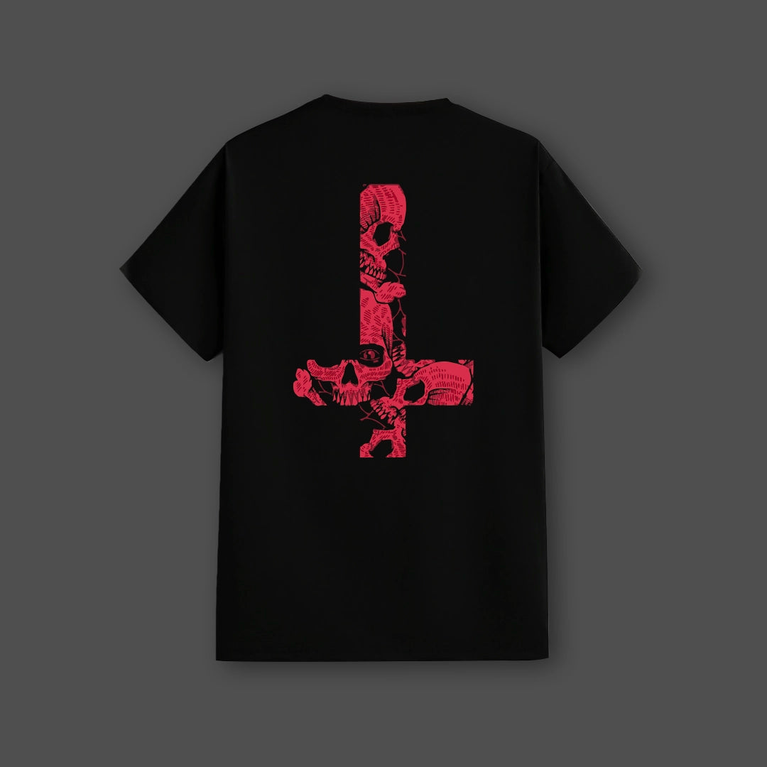 Vlack black streetwear t-shirt with a bold red graphic design on the back