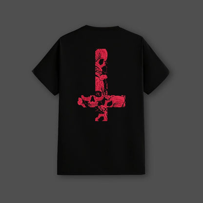 Vlack black streetwear t-shirt with a bold red graphic design on the back